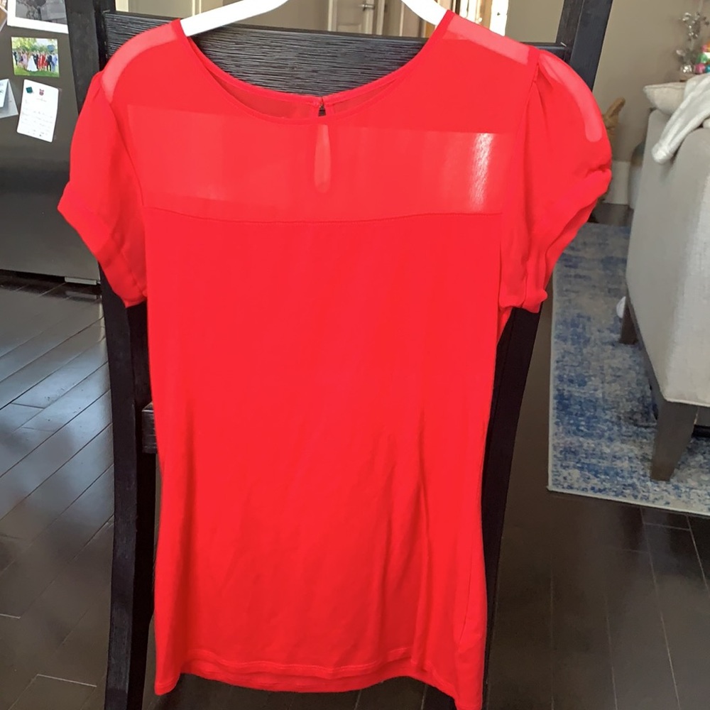 Express Red Short Sleeve Blouse Mesh Yoke Knit Top Small